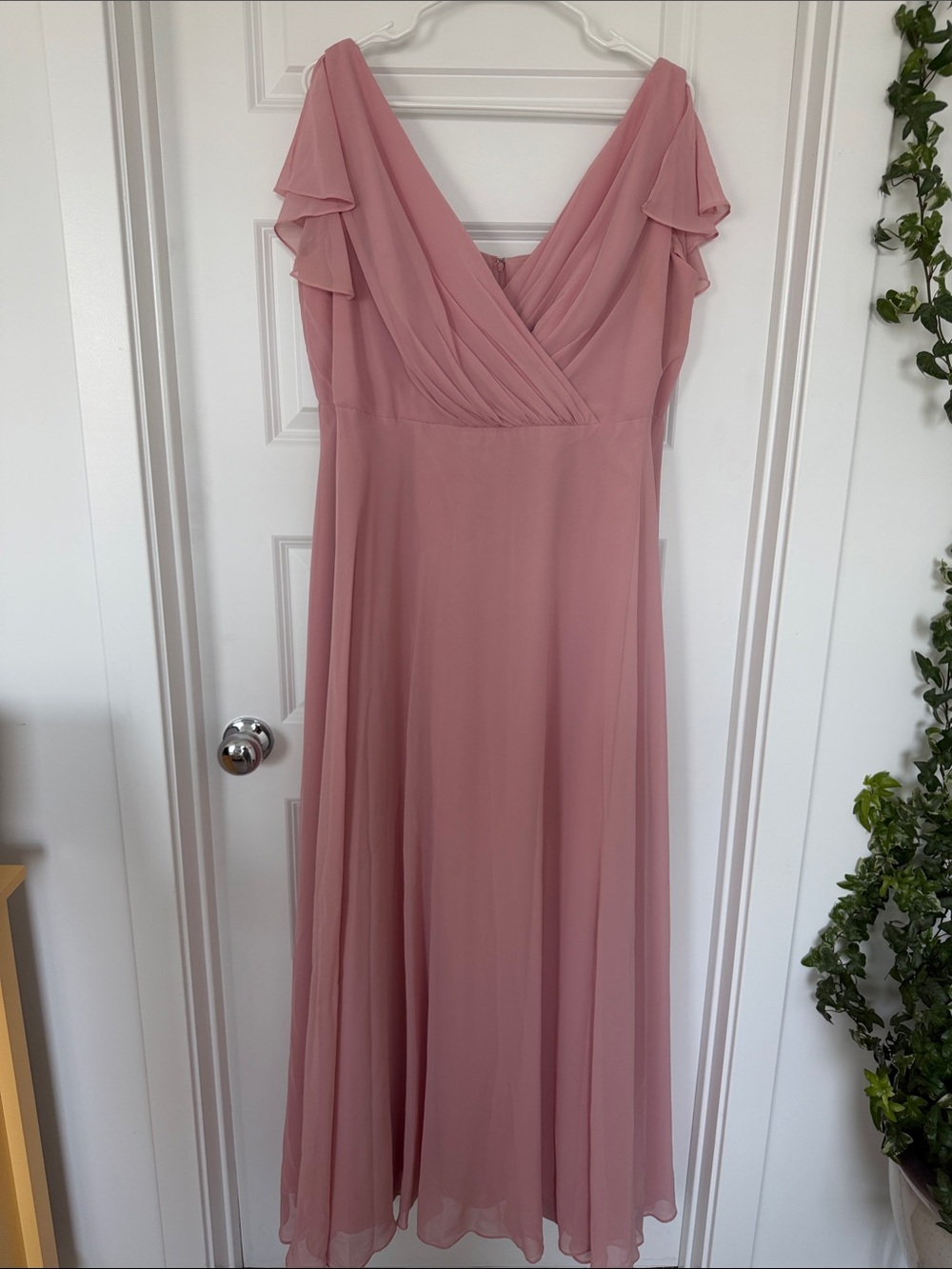 David's Bridal Blush Pink Chiffon V-Neck Maxi Dress